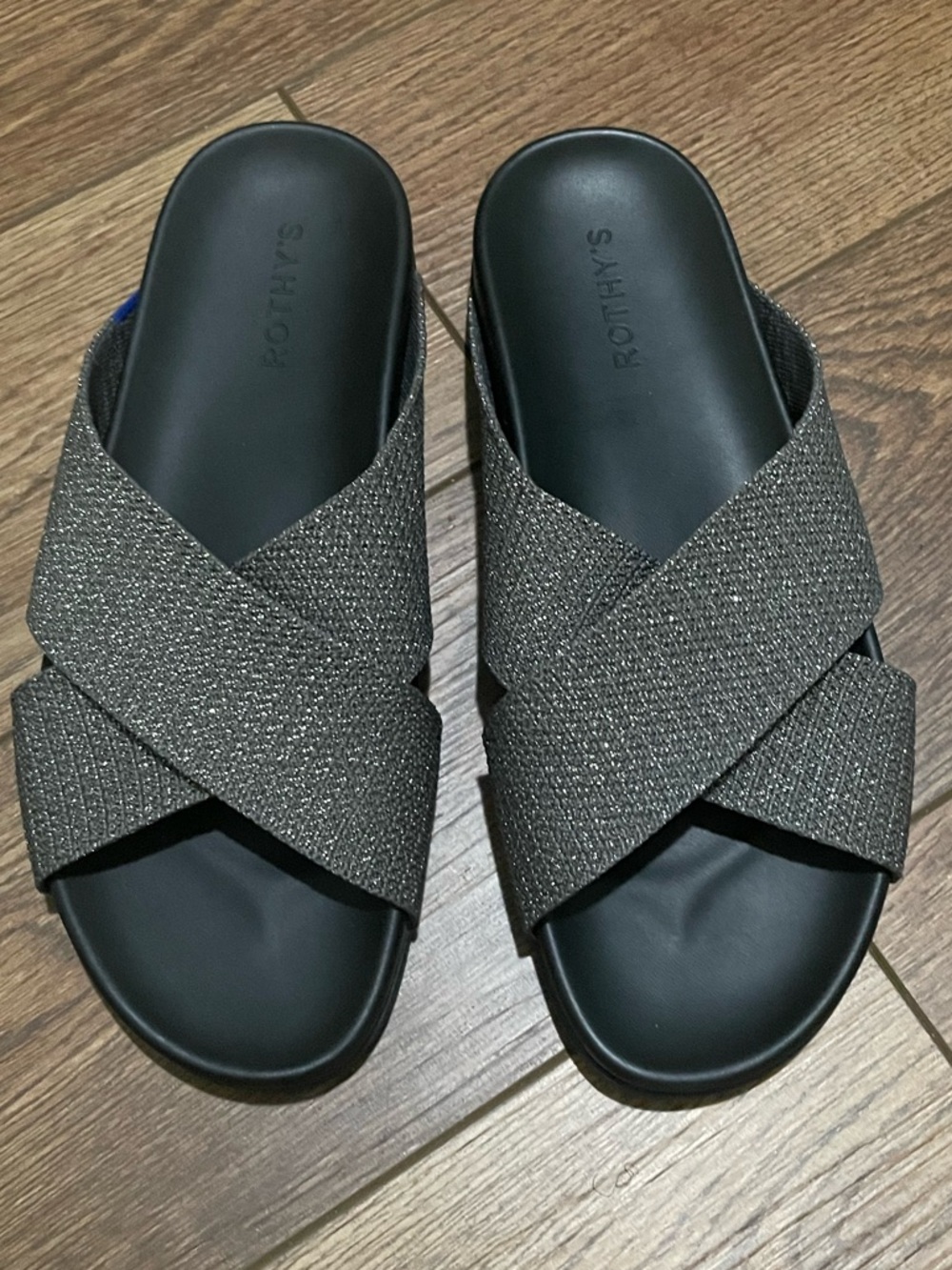 Rothy's “The Weekend” Black Slide Sandals with Metallic Knit Cross Straps